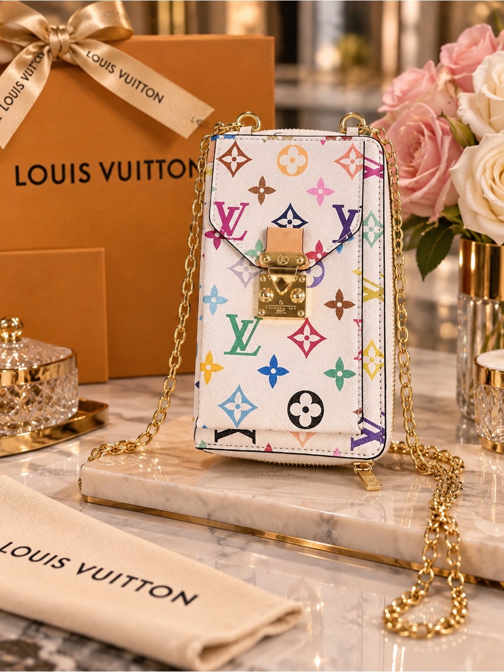 White Multicolor Monogram Chain Crossbody Phone Bag